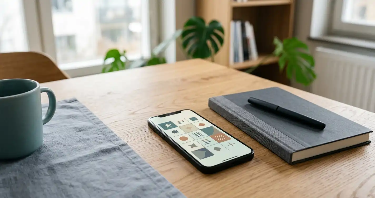 Mobiltelefon bredvid en anteckningsbok och ett diskret digitalt spelfält