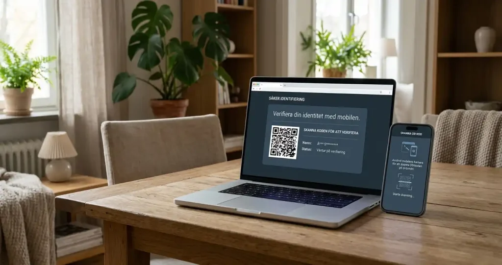 Vuxen person vid köksbord med mobiltelefon och dator under säker digital identifiering