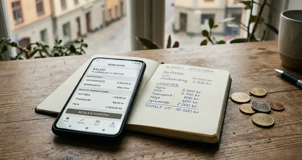 Mobiltelefon och anteckningsbok bredvid svenska kronor på ett skrivbord