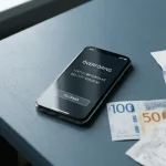 Mobiltelefon med banköversikt bredvid kvitton på ett svenskt skrivbord