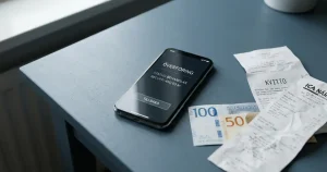 Mobiltelefon med banköversikt bredvid kvitton på ett svenskt skrivbord